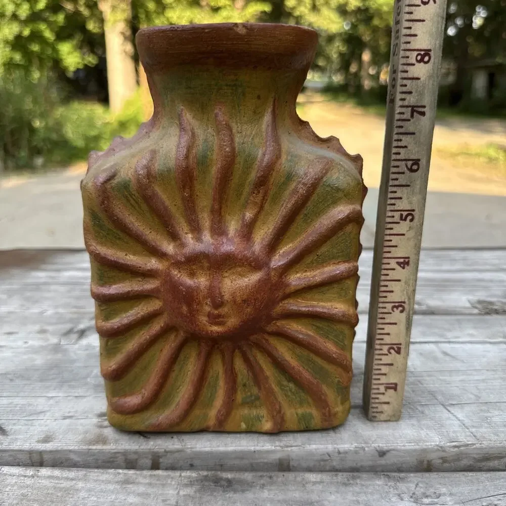 Art Pottery Clay Vase/Vessel/Bottle Raised Sun Celestial Boho Rustic